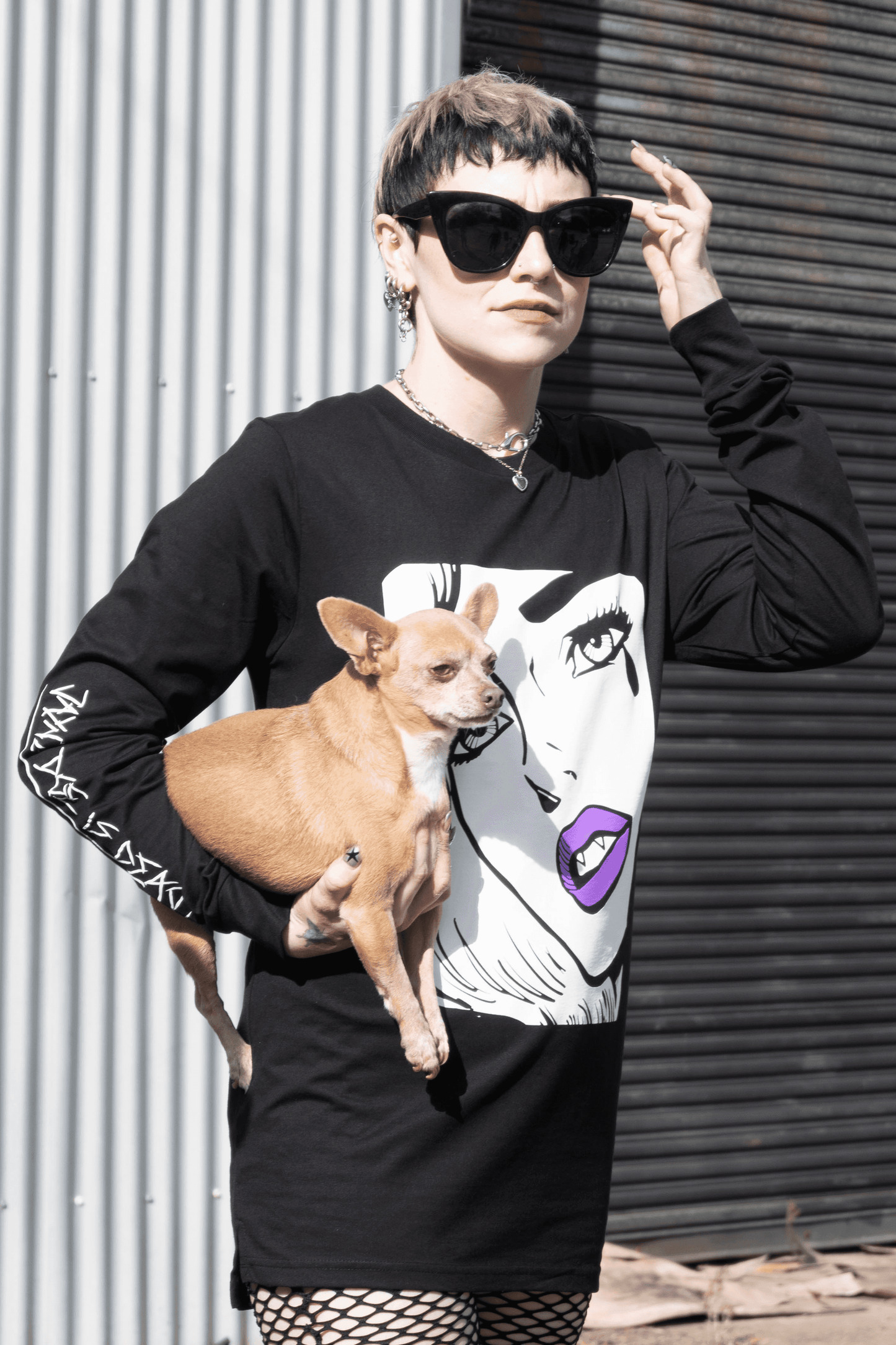Emo alt girl holding a chihuahua with a long sleeve Jayne doe is dead pop art vampire tshirt