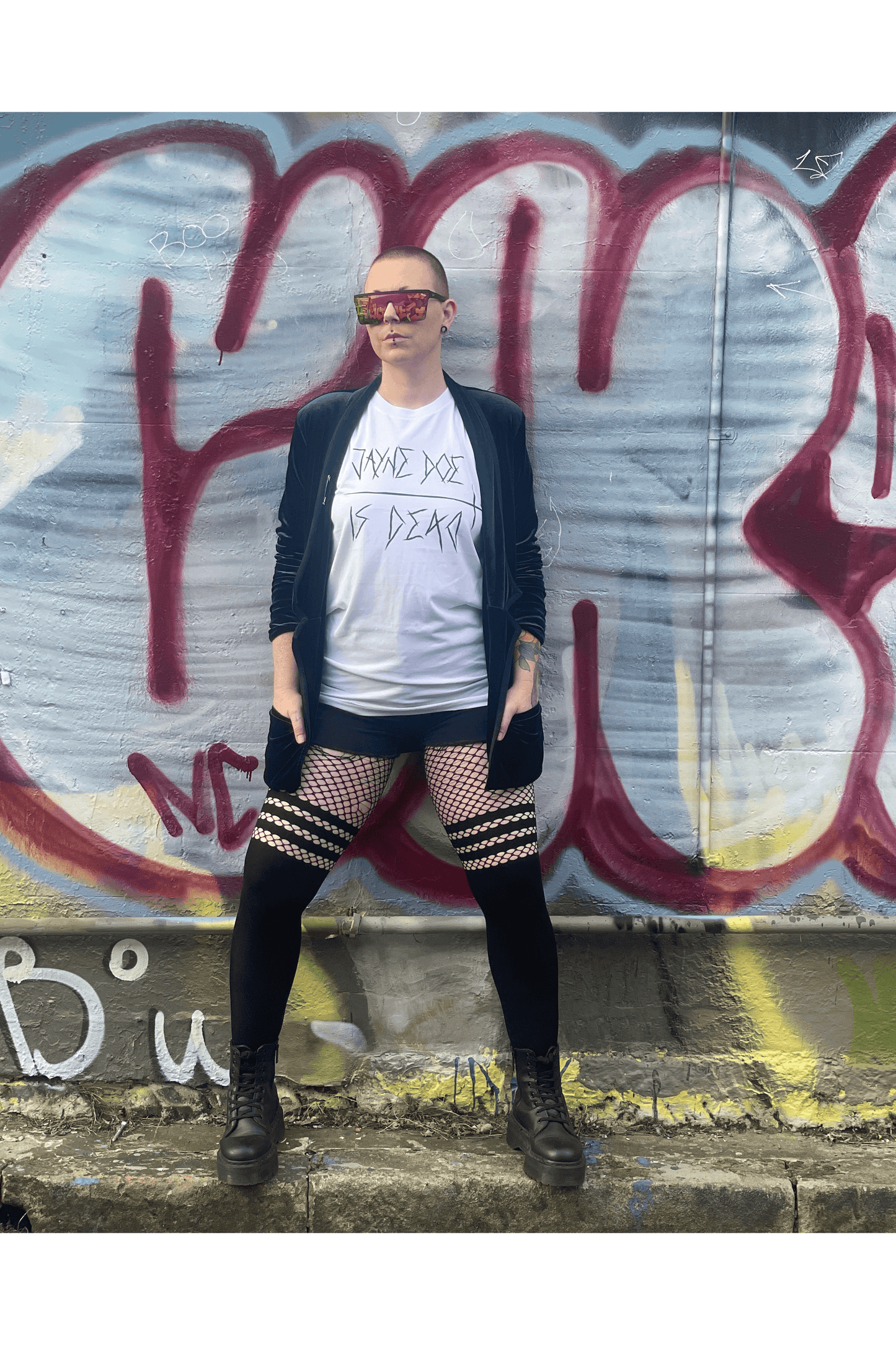White tshirt with jayne doe is dead printed in black on the front in a gothic / emo style
