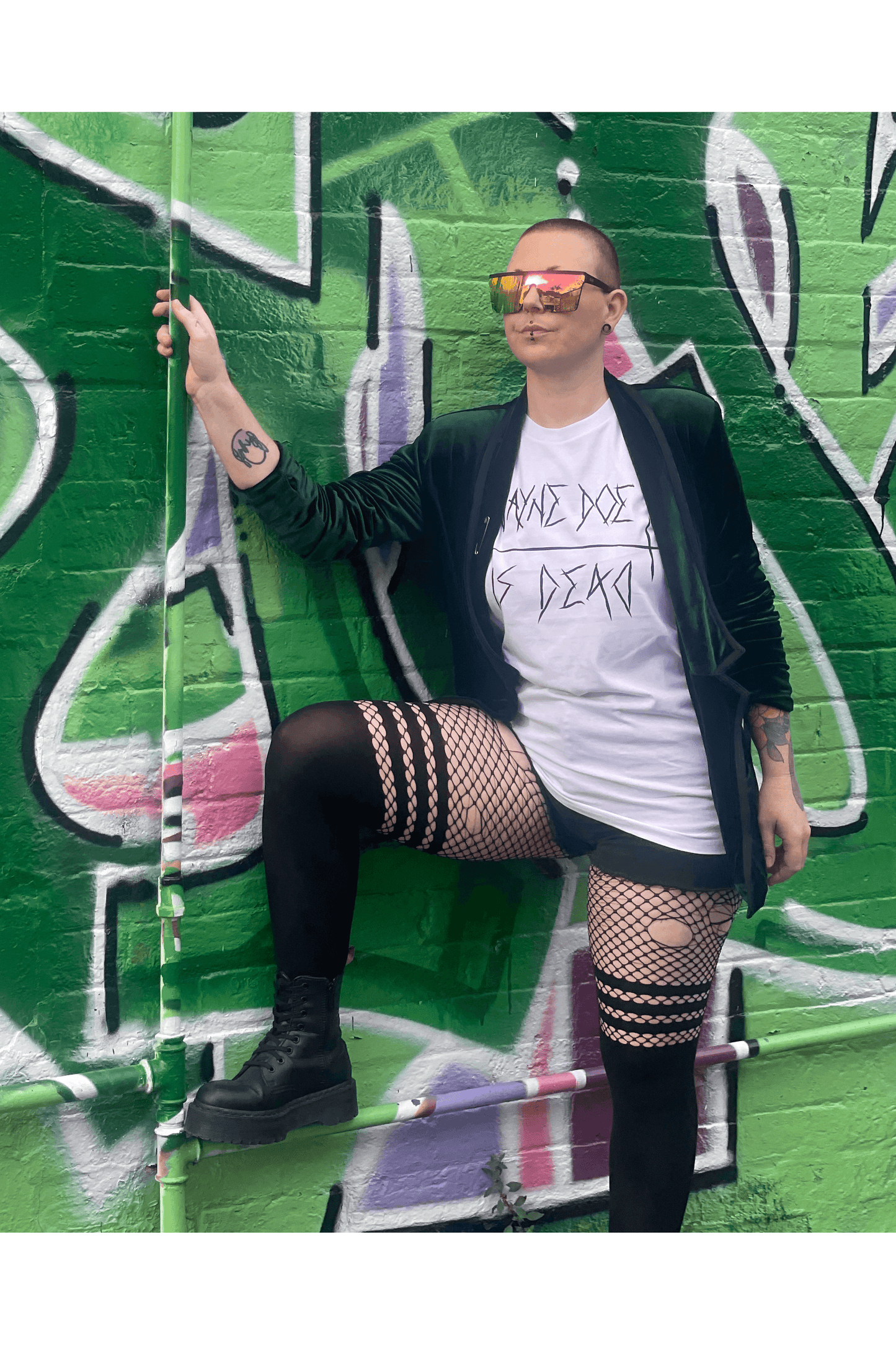 White tshirt with jayne doe is dead printed in black on the front in a gothic / emo style