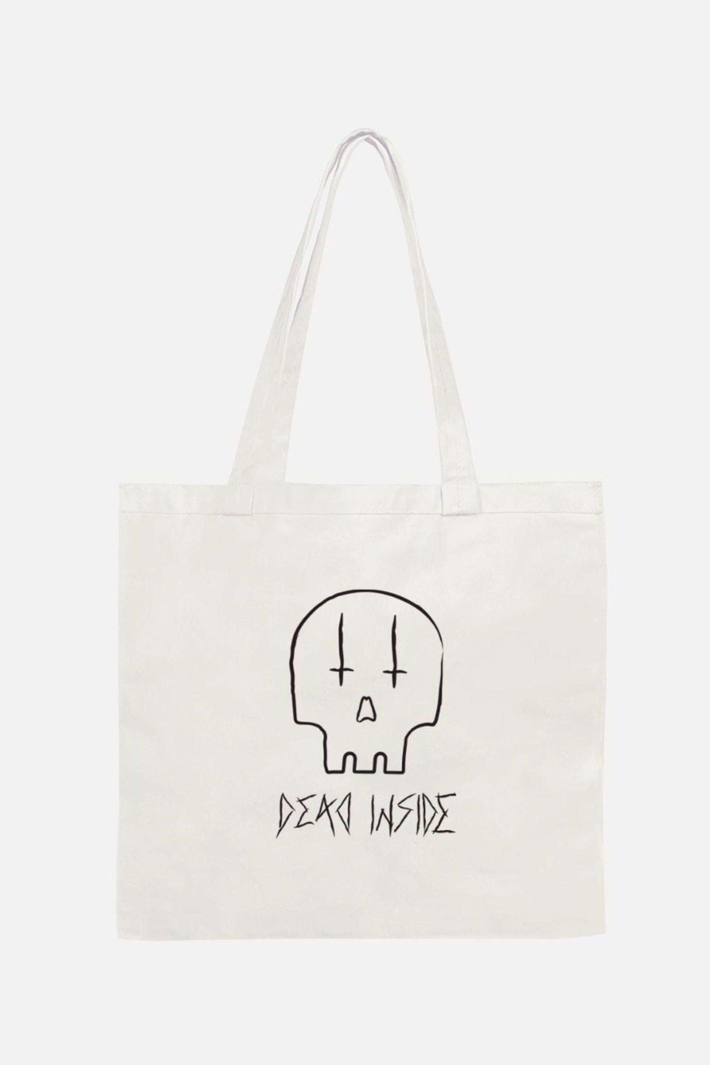 White cotton tote bag with black printed skull with the words dead inside underneath