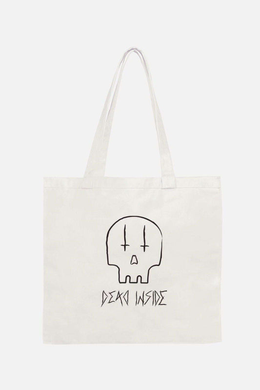 White cotton tote bag with black printed skull with the words dead inside underneath
