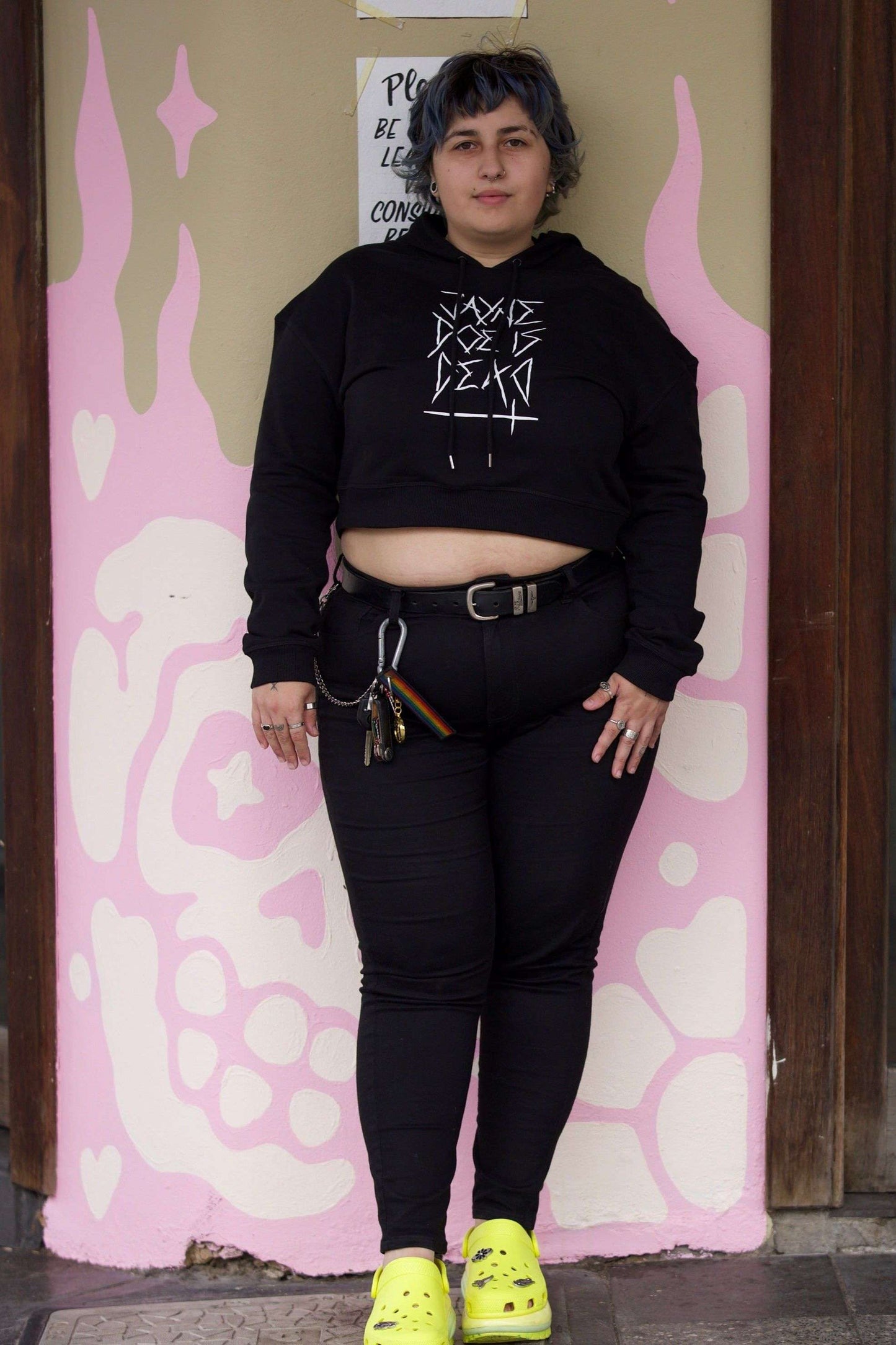 Black cropped hoodie with jayne doe is dead logo printed in white on the front