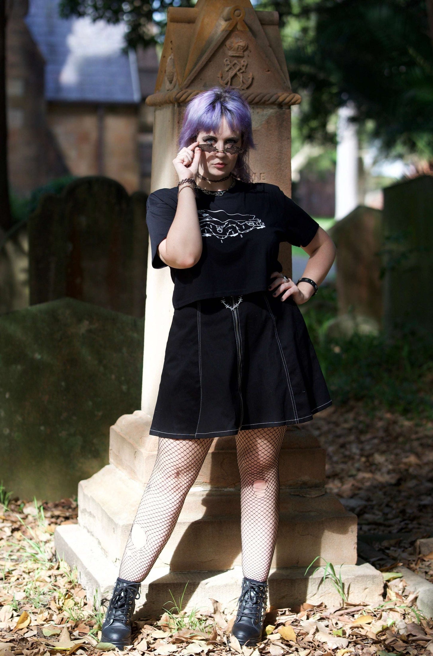 Black cropped tshirt with intricate coffin with vampire hand emerging on the front & jayne doe is dead logo in gothic style writing print on the back