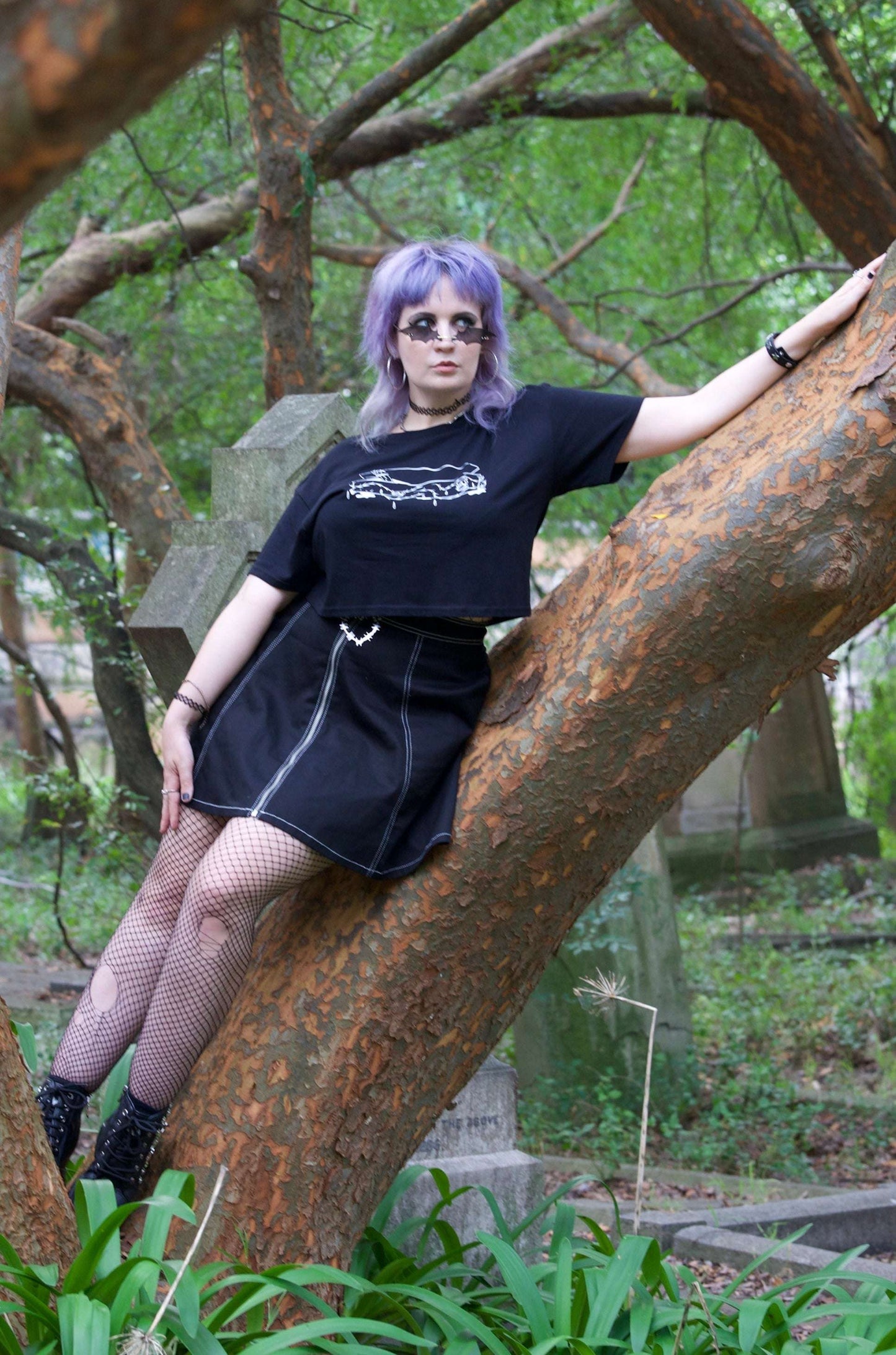 Black cropped tshirt with intricate coffin with vampire hand emerging on the front & jayne doe is dead logo in gothic style writing print on the back