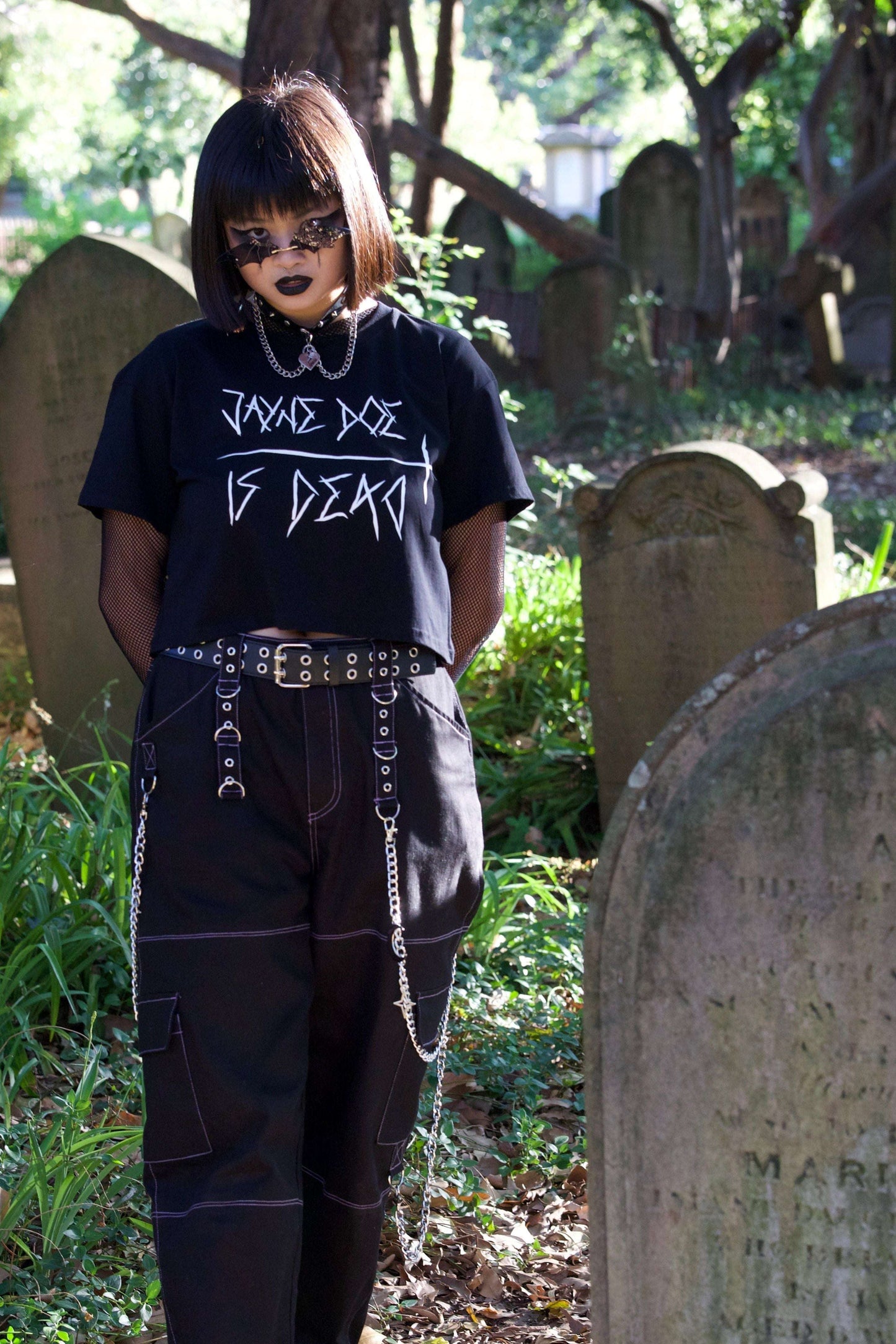 Black cropped tshirt with jayne doe is dead printed in white on the front in a gothic / emo style