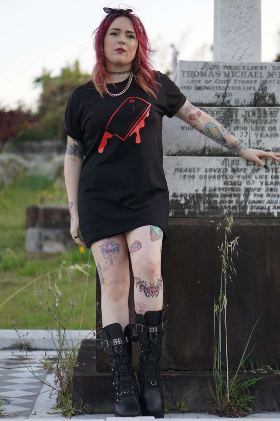 Off With Their Heads Xtra Long Tee / Dress in black with bold red bloody cleaver graphic, styled as a dress with combat boots and layered accessories.