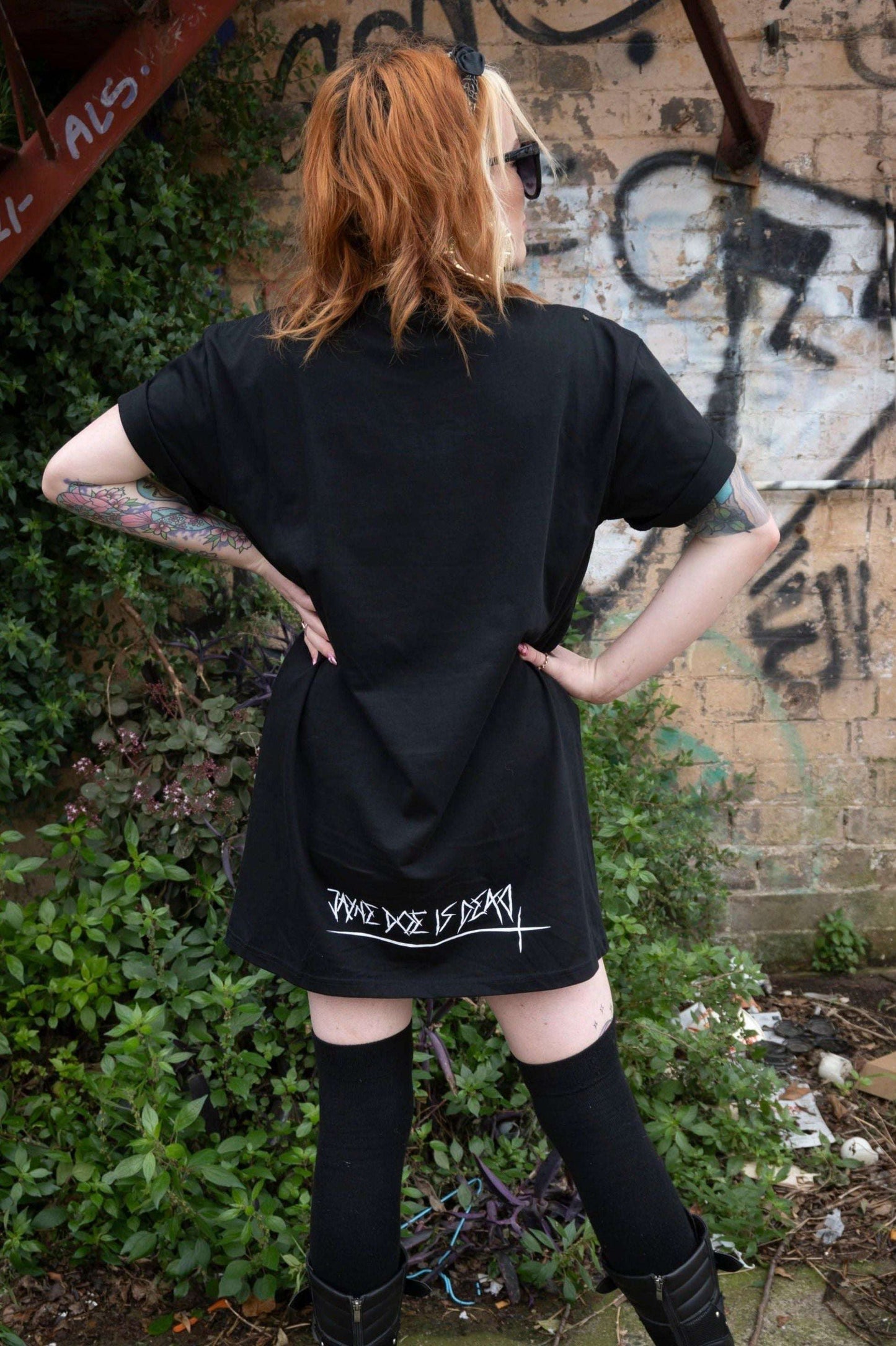 Extra long tshirt / tshirt dress with white upside down cross on the front & jayne doe is dead gothic style rear print in white