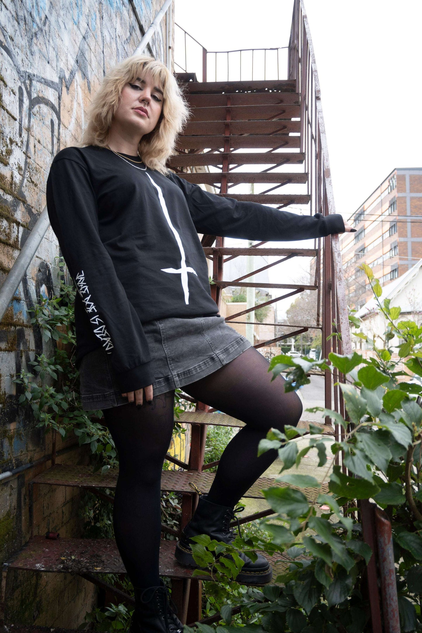 Black heavy weight long sleeve tshirt with white upside down cross on the front & jayne doe is dead gothic style sleeve print in white