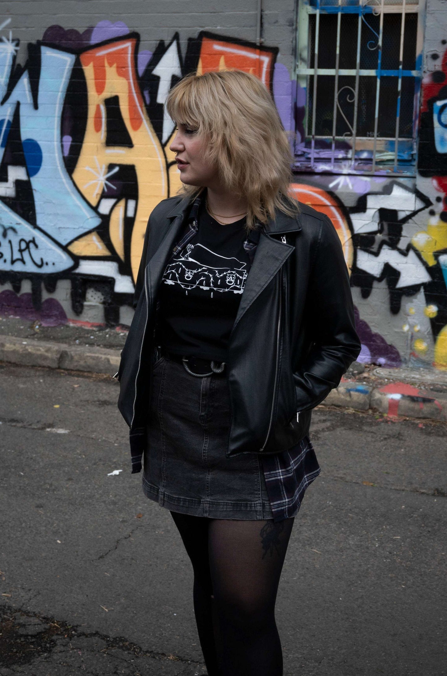 Black cropped tshirt with intricate coffin with vampire hand emerging on the front & jayne doe is dead logo in gothic style writing print on the back