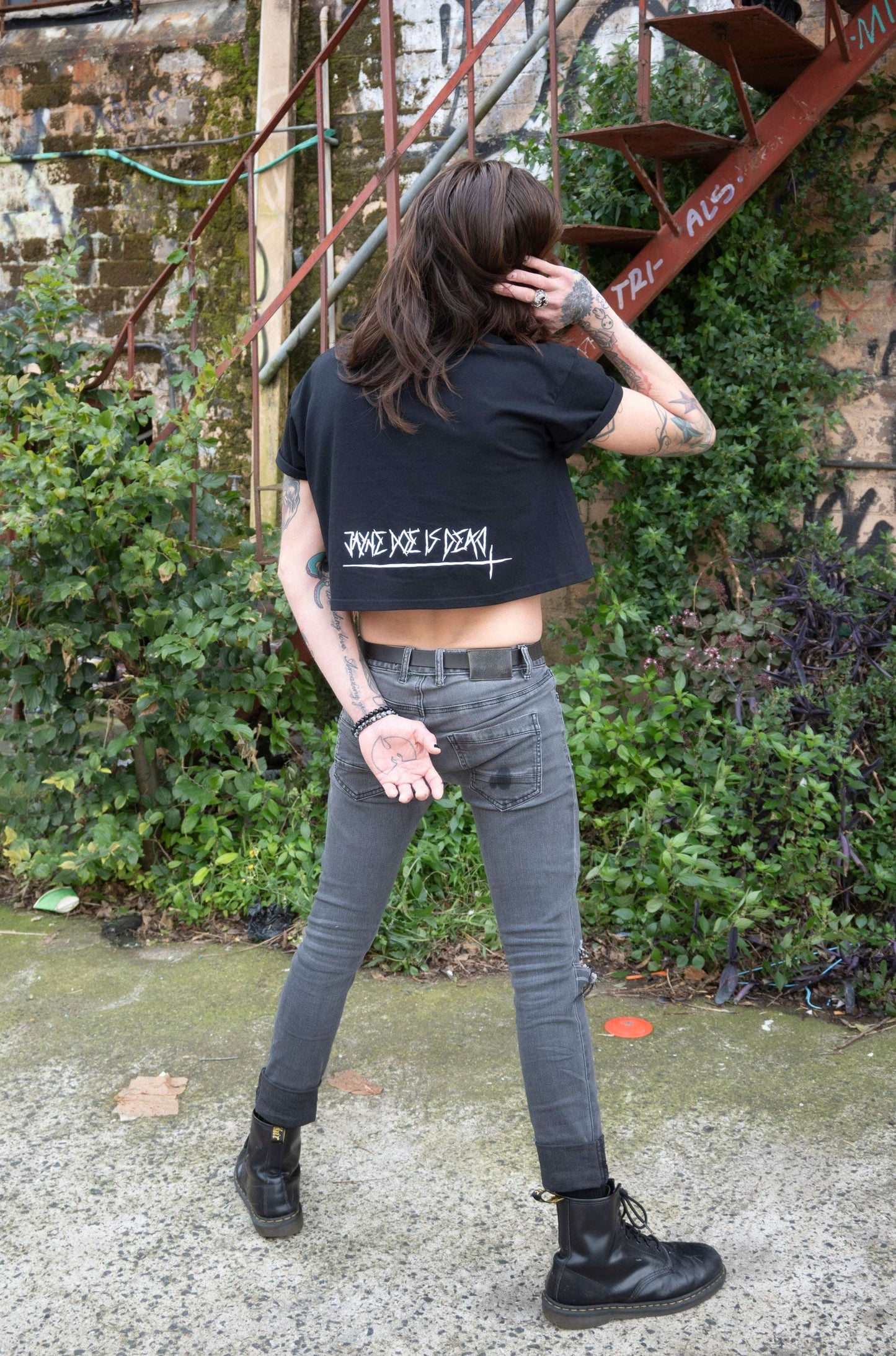 Black cropped tshirt with intricate coffin with vampire hand emerging on the front & jayne doe is dead logo in gothic style writing print on the back