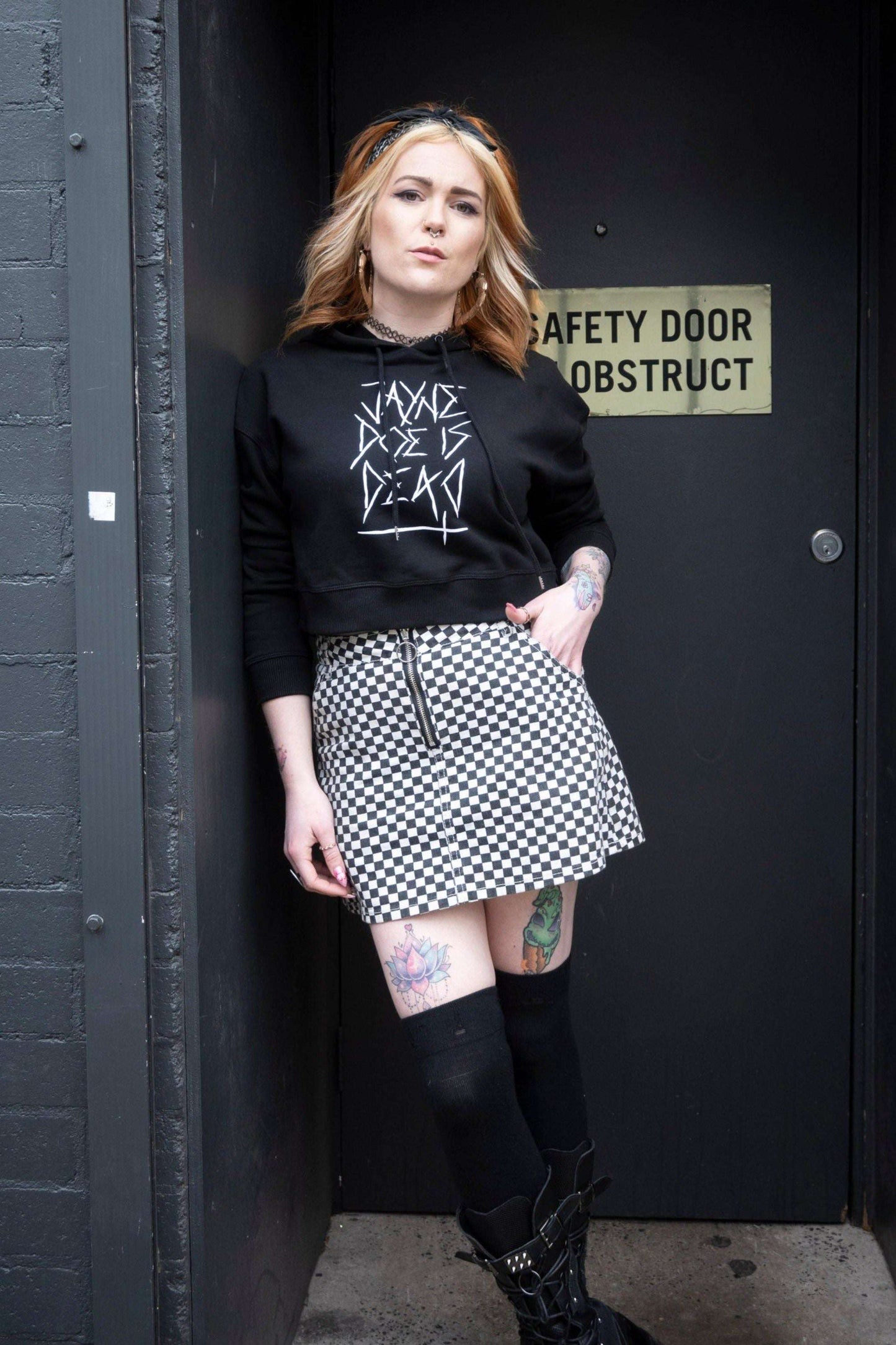 Black cropped hoodie with jayne doe is dead logo printed in white on the front
