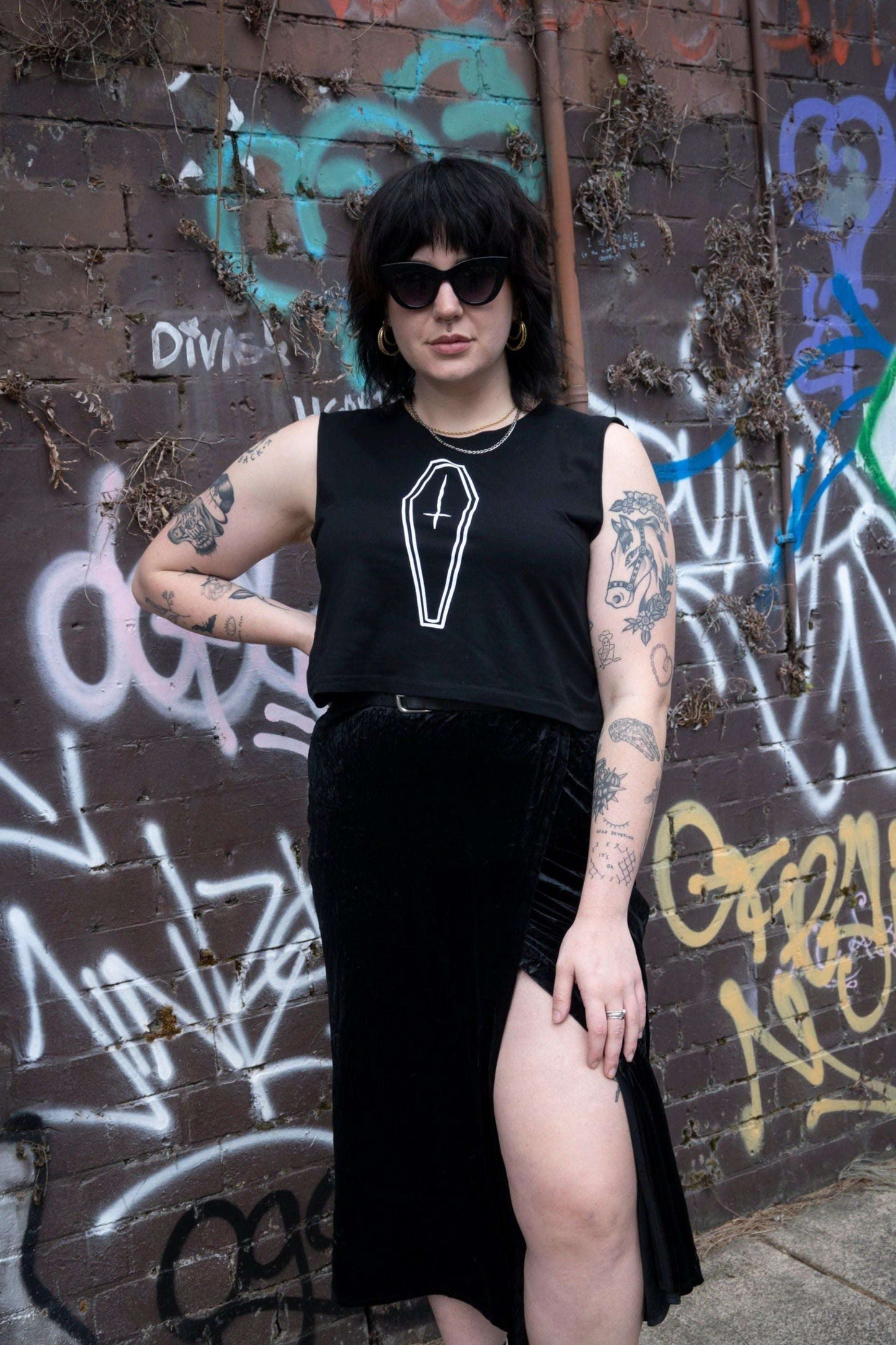 black cropped tank with white coffin with inverted cross print