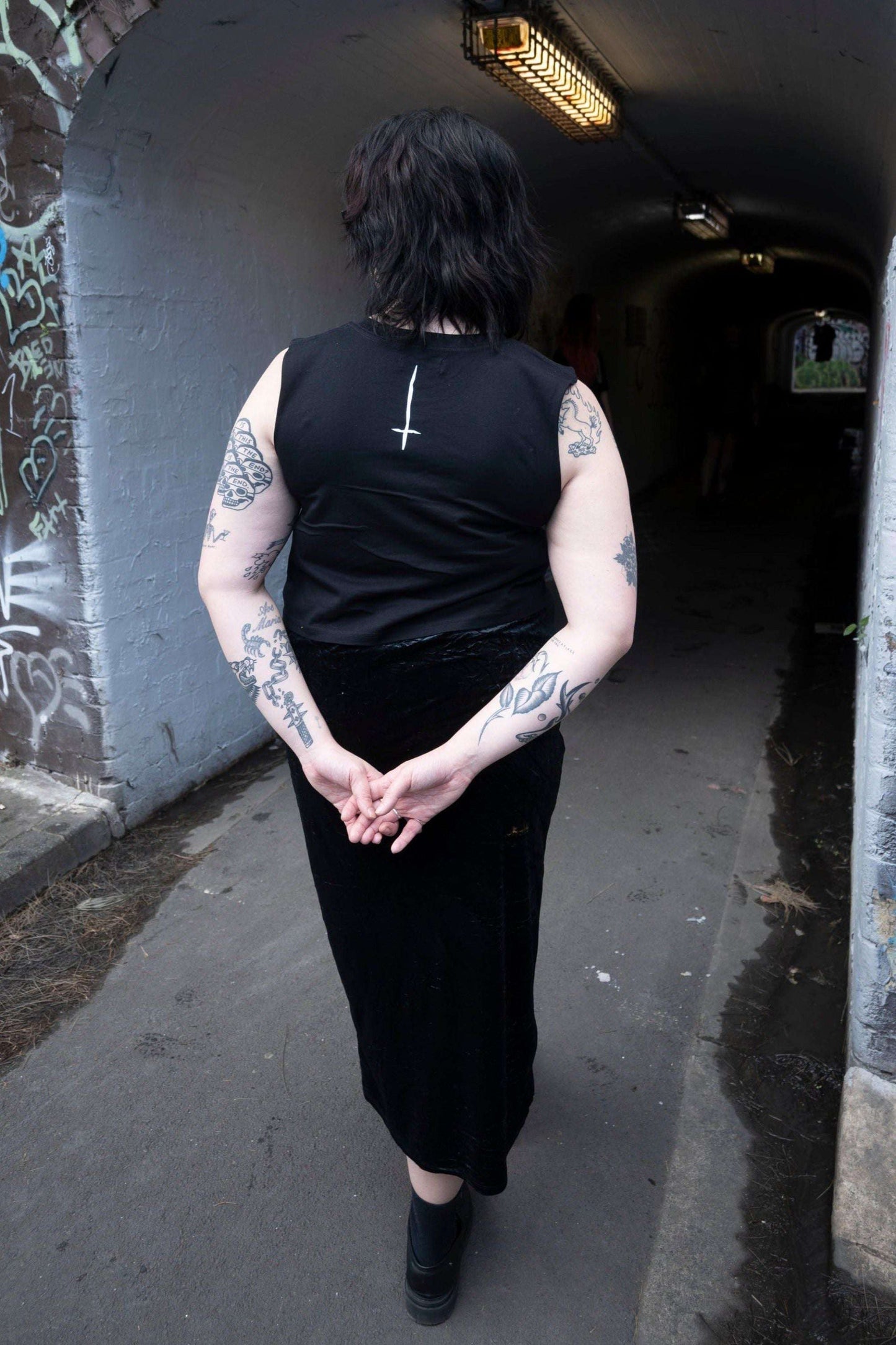 black cropped tank with white coffin with inverted cross print & upside down cross on the back