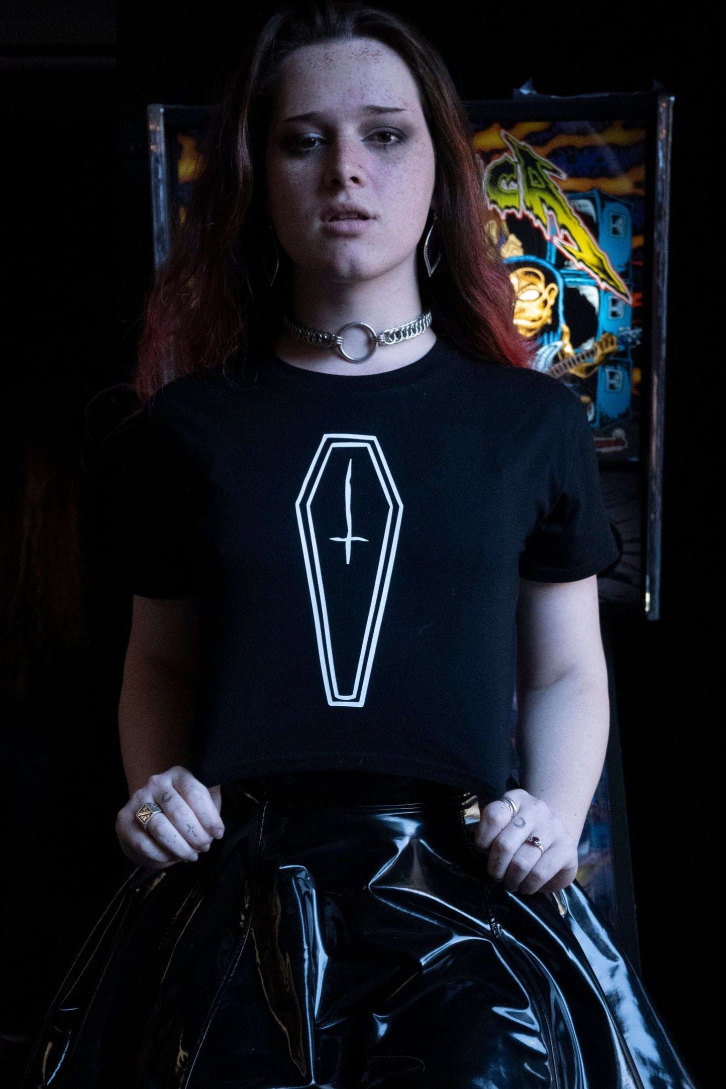 black cropped tshirt with white coffin with inverted cross print
