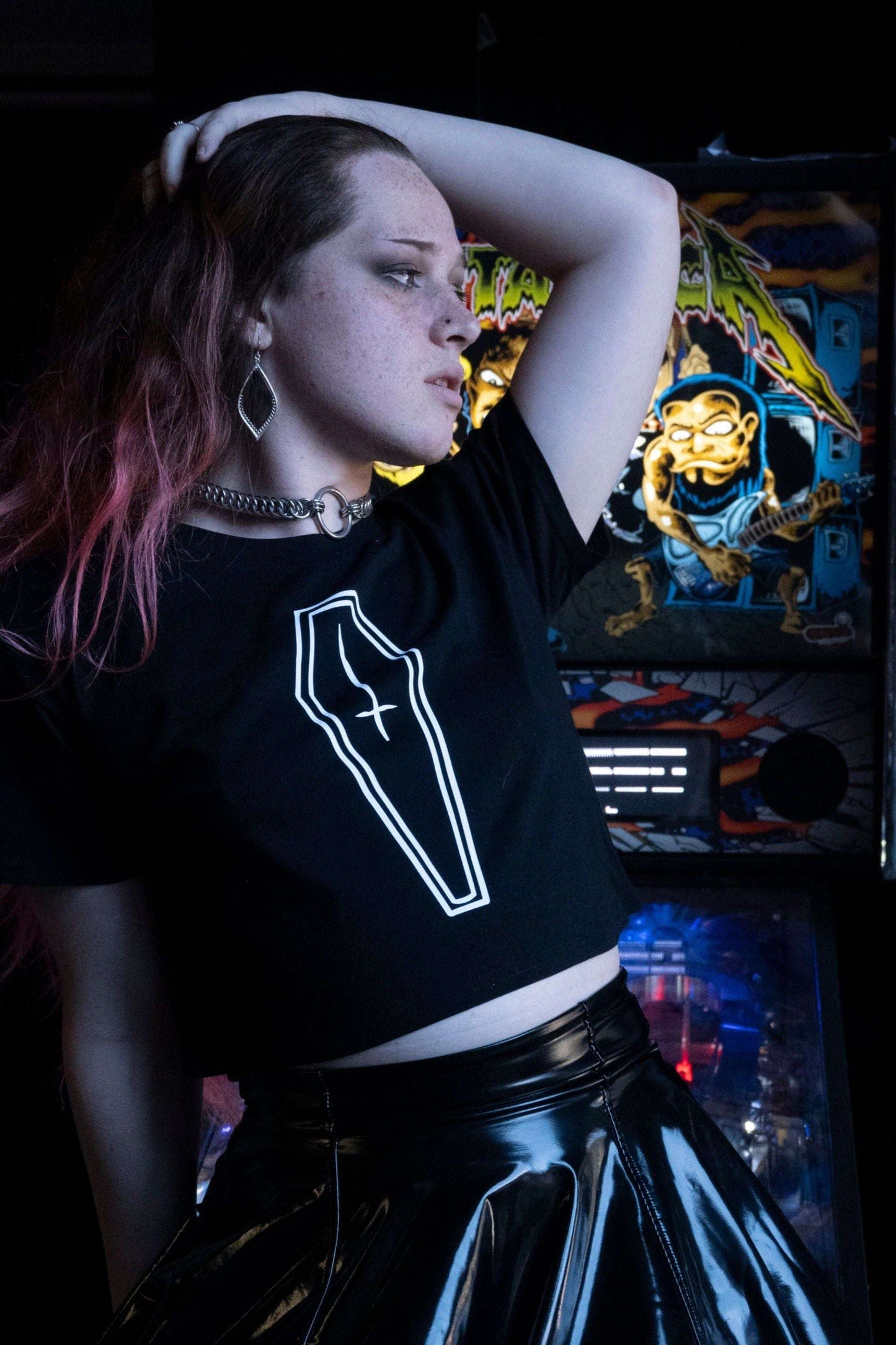 black cropped tshirt with white coffin with inverted cross print