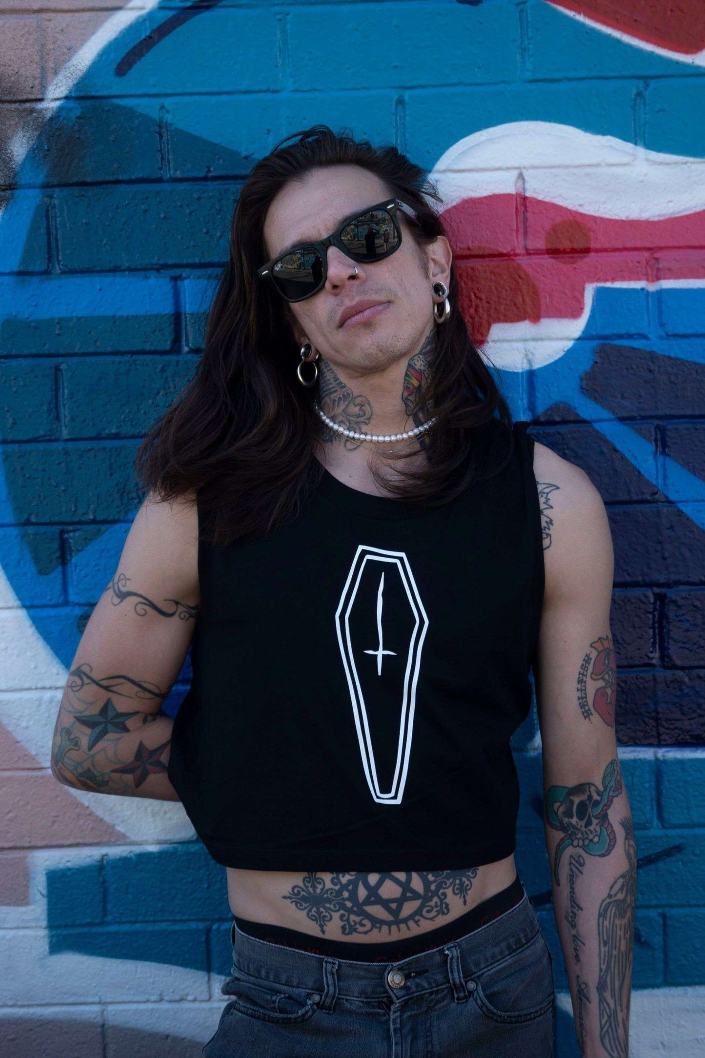black cropped tank with white coffin with inverted cross print