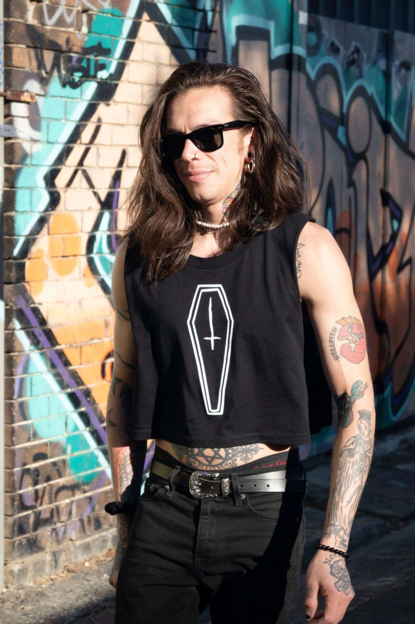 black cropped tank with white coffin with inverted cross print