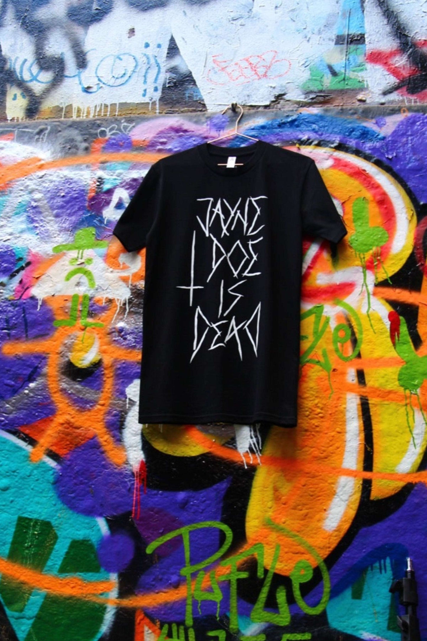 Black Plus Size tshirt with jayne doe is dead logo printed on the front in white