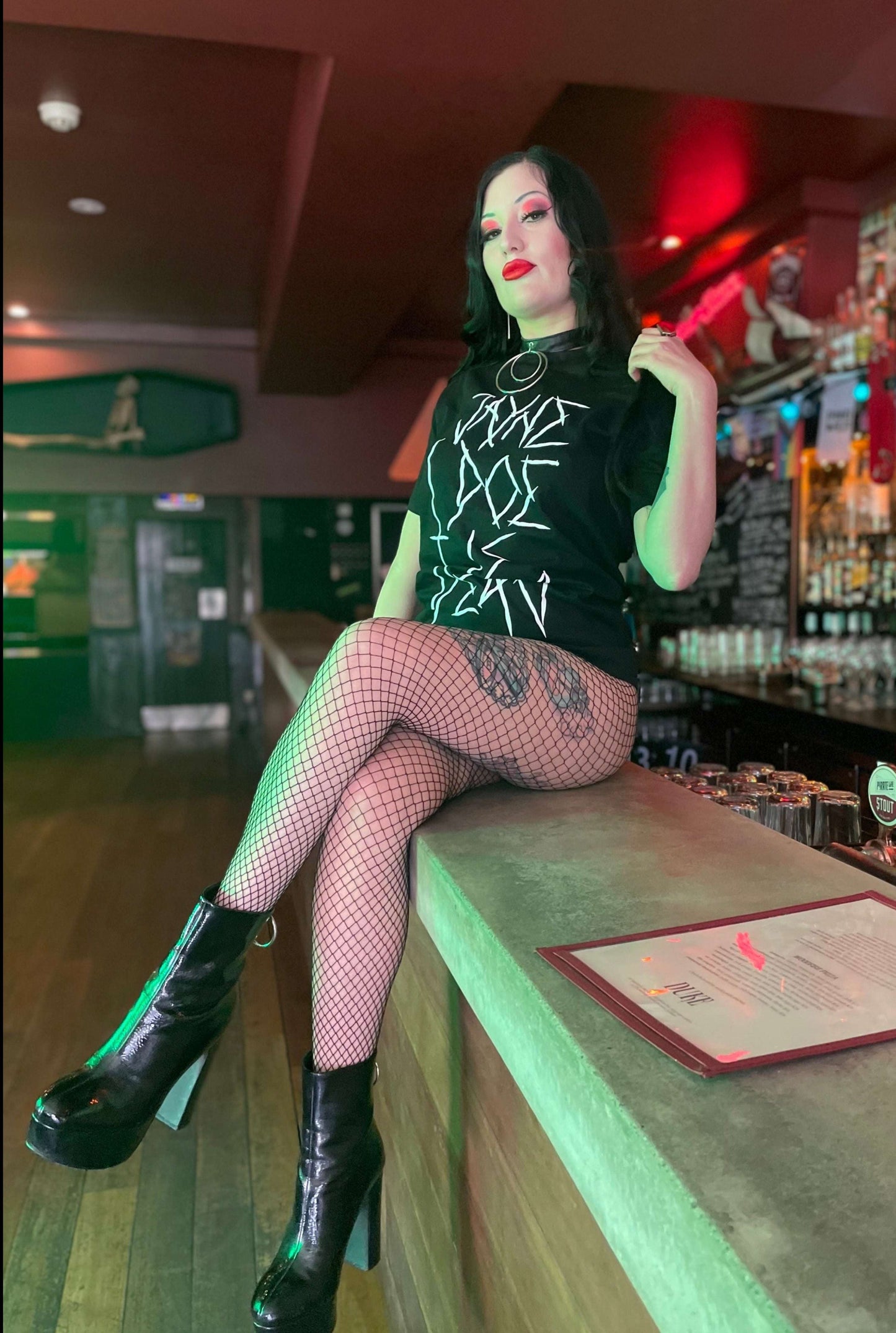 Extra long black tshirt / tshirt dress with massive white jayne doe is dead logo in gothic emo style font on the front