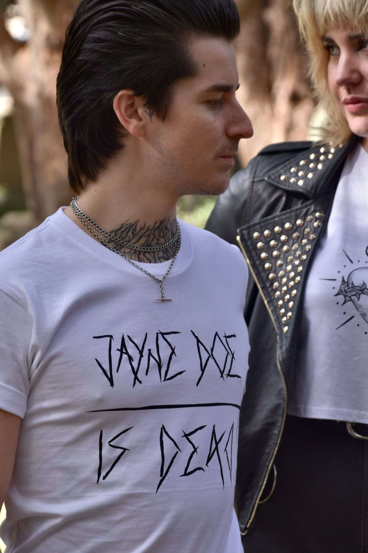 White tshirt with jayne doe is dead printed in black on the front in a gothic / emo style