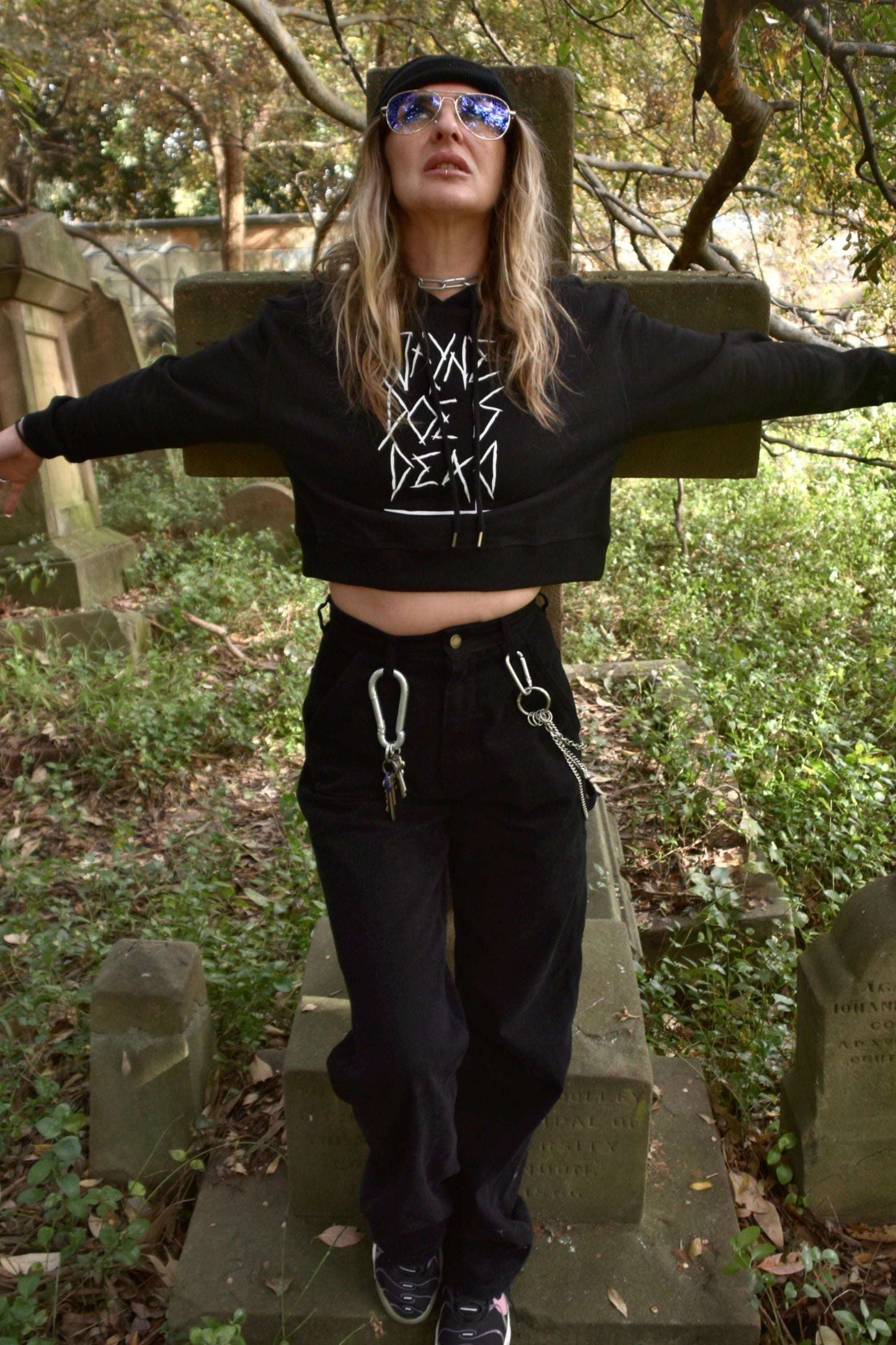 Black cropped hoodie with jayne doe is dead logo printed in white on the front