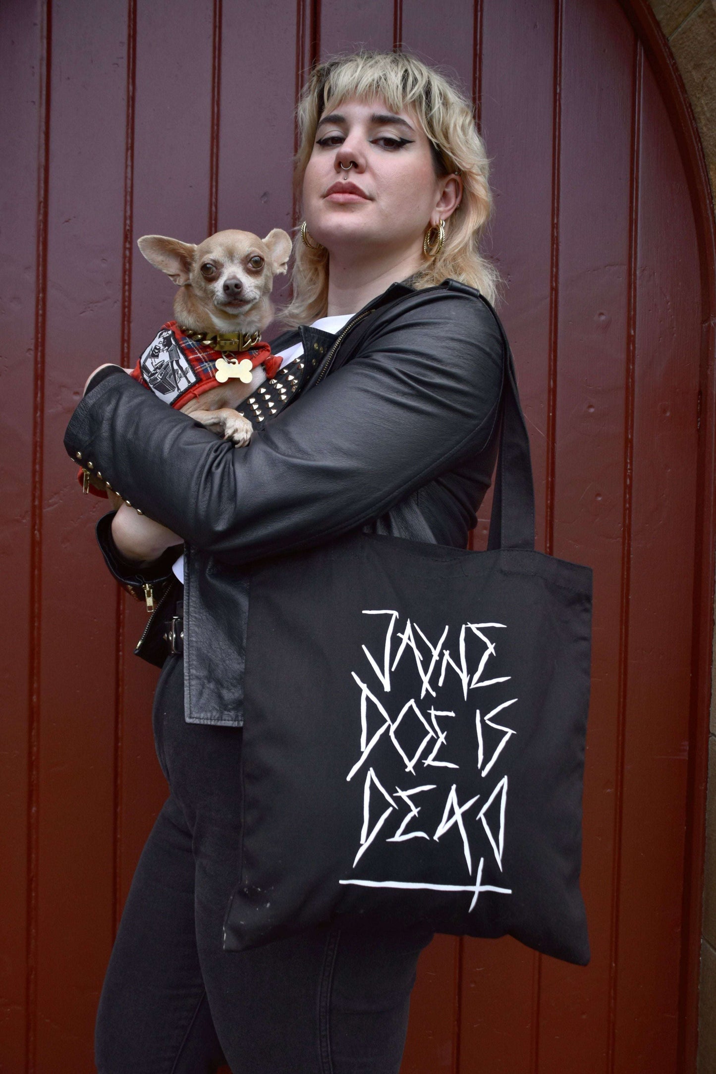 Black premium quality tote bag with jayne doe is dead printed in white on the front in a gothic / emo style