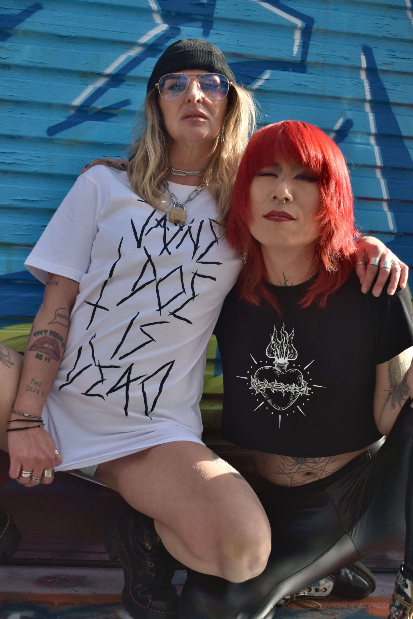 Extra long white tshirt / tshirt dress with massive black jayne doe is dead logo in gothic emo style font on the front