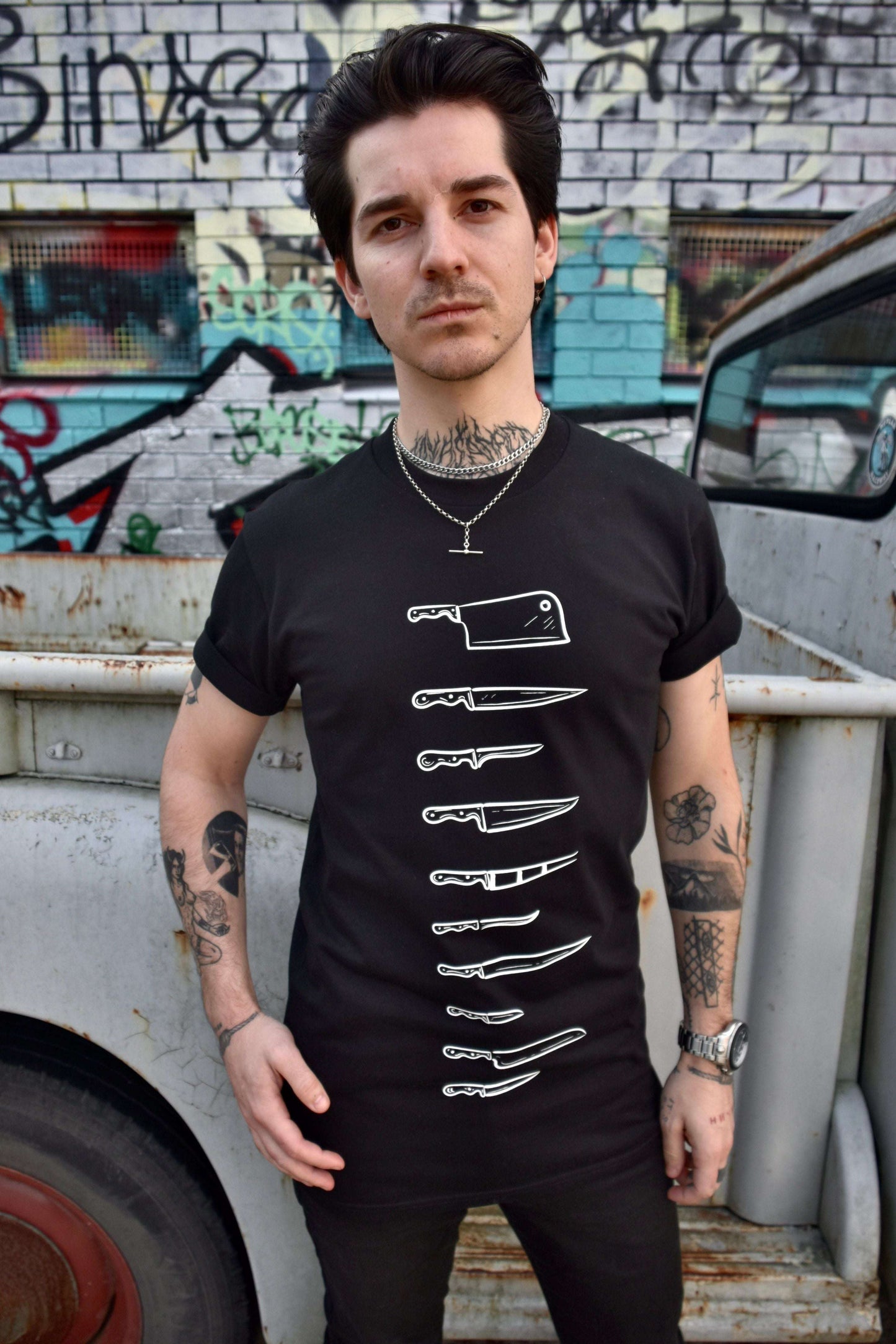Extra long tshirt / tshirt dress with 10 different knives printed in white on the front & jayne doe is dead gothic style print in white on the back