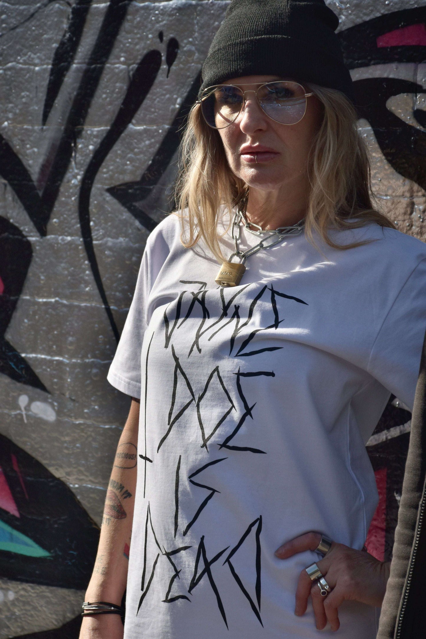 Extra long white tshirt / tshirt dress with massive black jayne doe is dead logo in gothic emo style font on the front