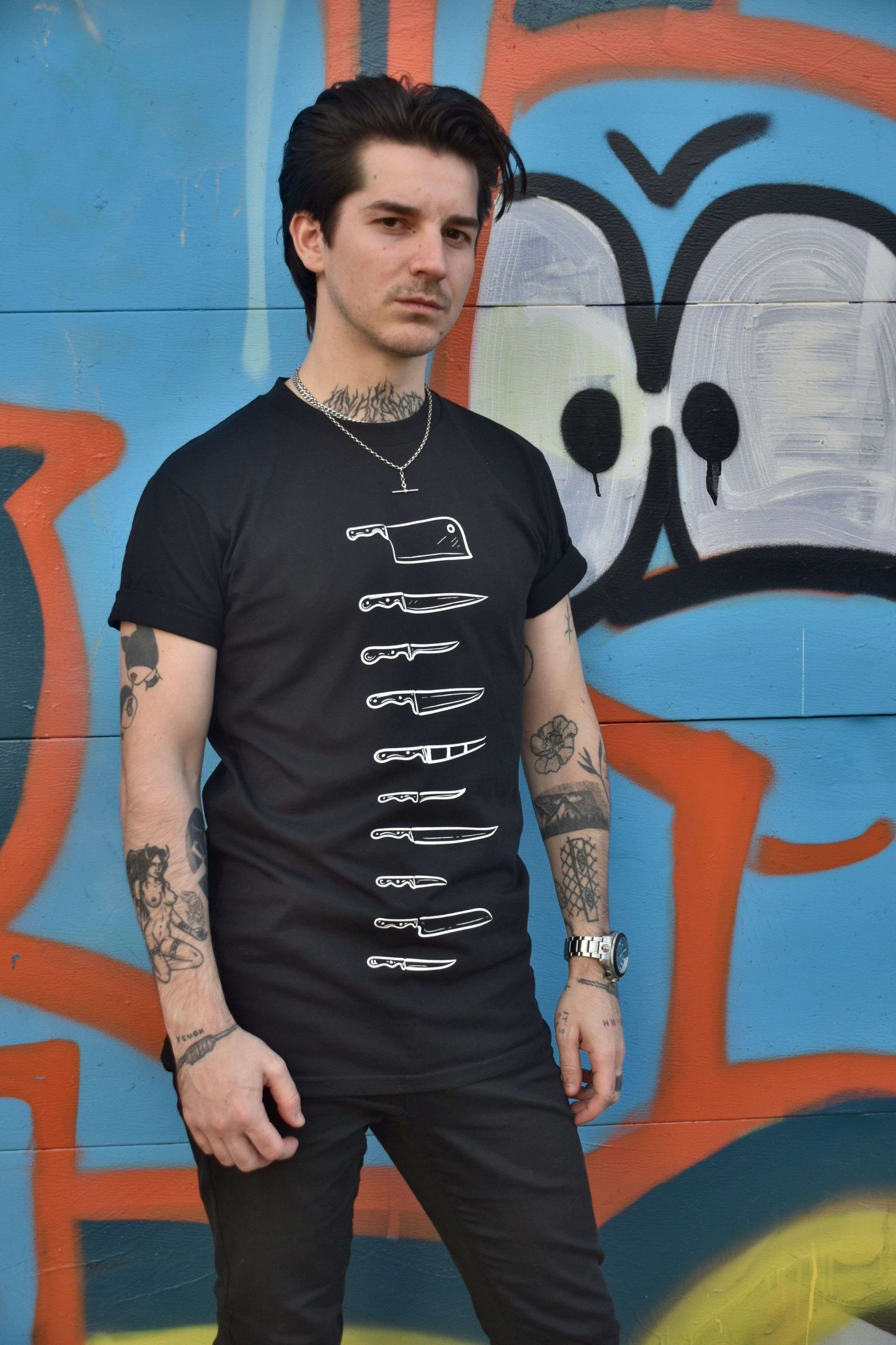 Extra long tshirt / tshirt dress with 10 different knives printed in white on the front & jayne doe is dead gothic style print in white on the back