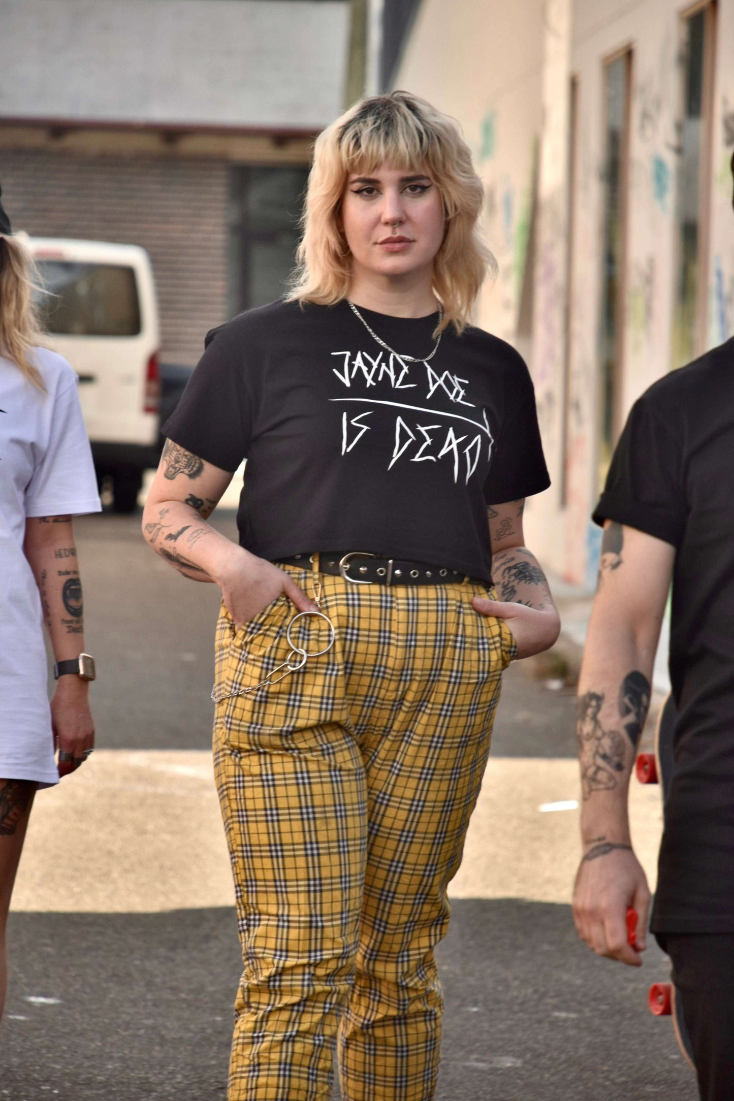 Black cropped tshirt with jayne doe is dead printed in white on the front in a gothic / emo style
