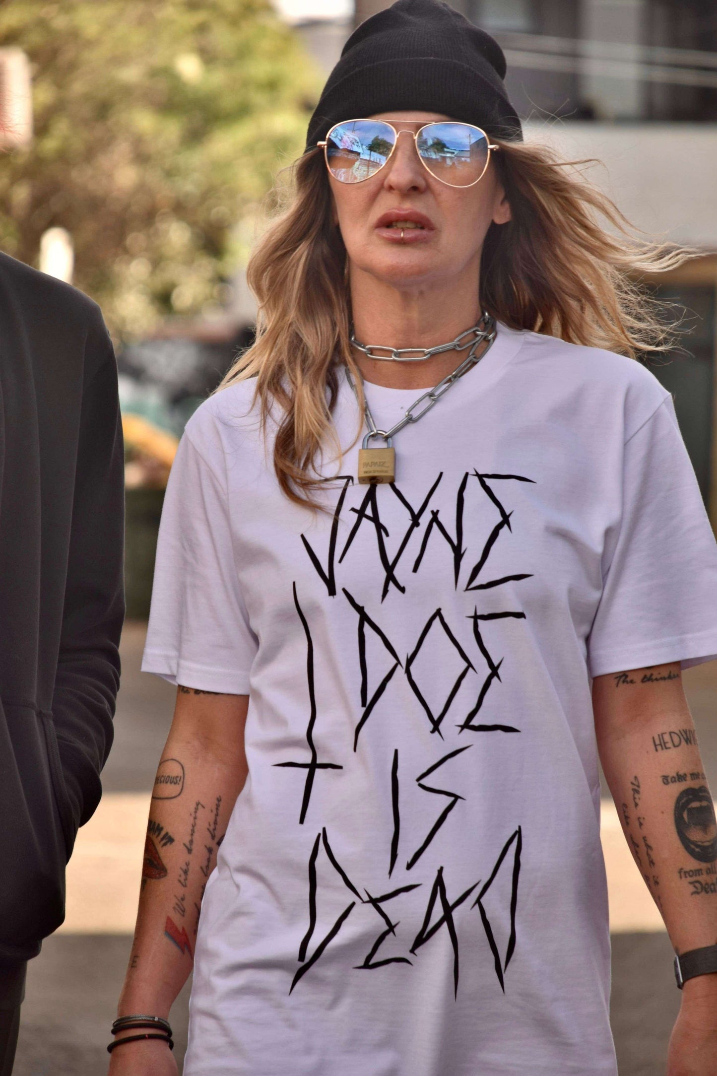 Extra long white tshirt / tshirt dress with massive black jayne doe is dead logo in gothic emo style font on the front