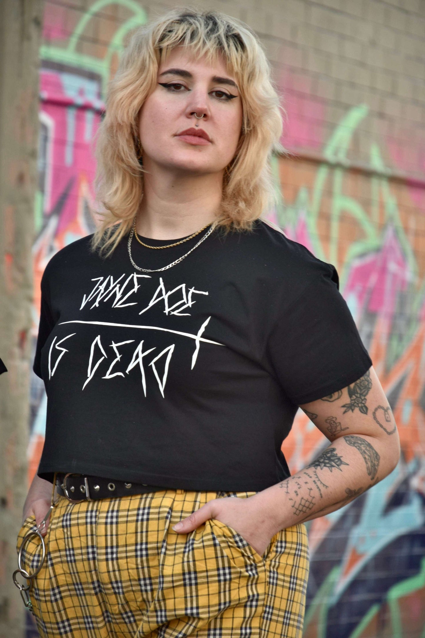 Black cropped tshirt with jayne doe is dead printed in white on the front in a gothic / emo style