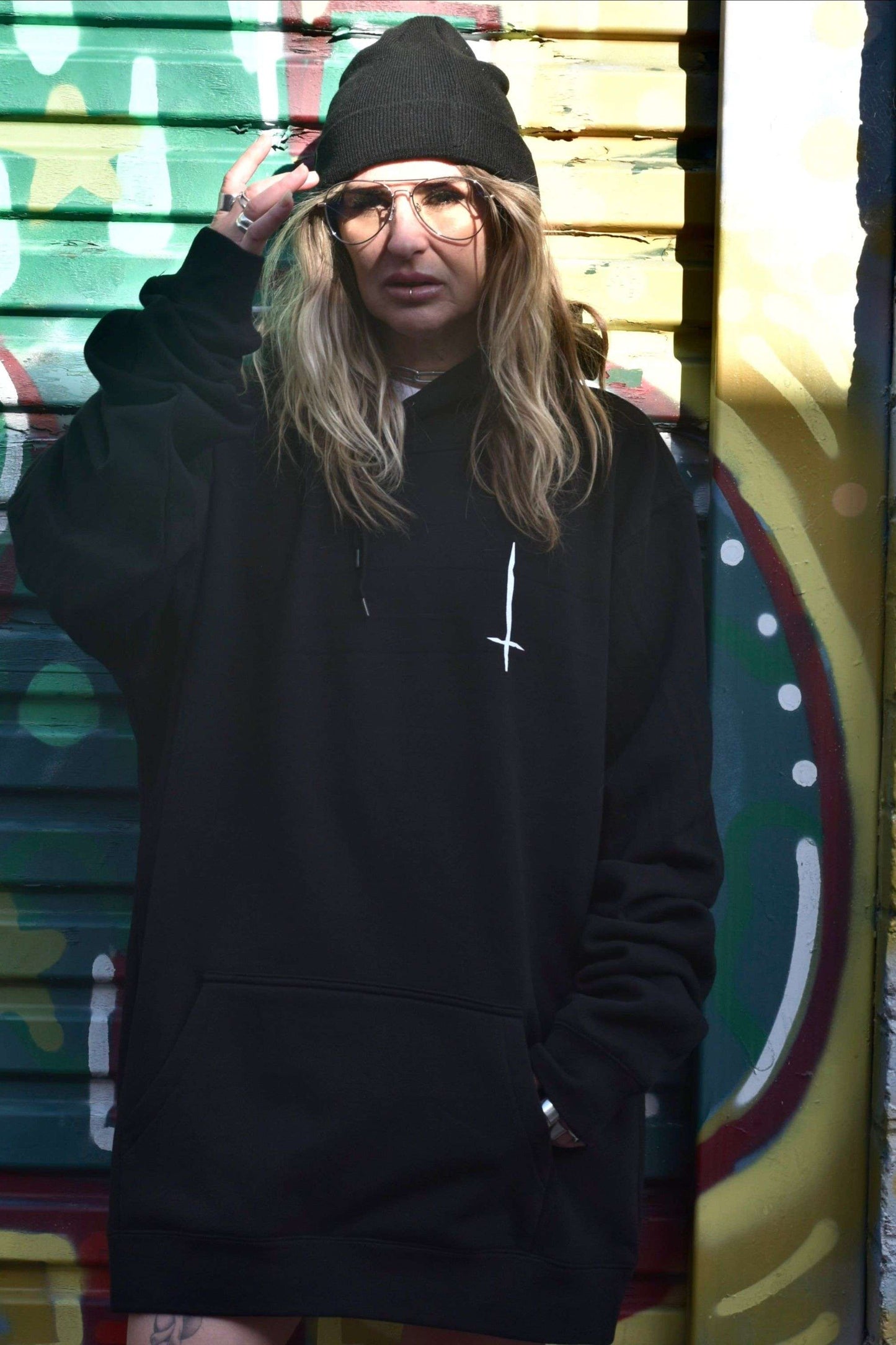 Black hoodie with white jayne doe is dead graphic print on the back, the front has an upside down cross