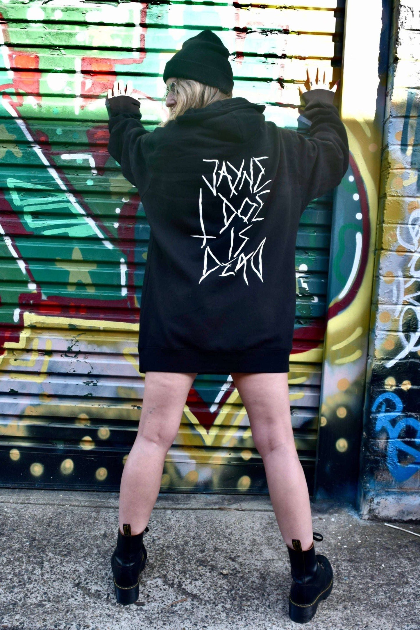 Black hoodie with white jayne doe is dead graphic print on the back, the front has an upside down cross