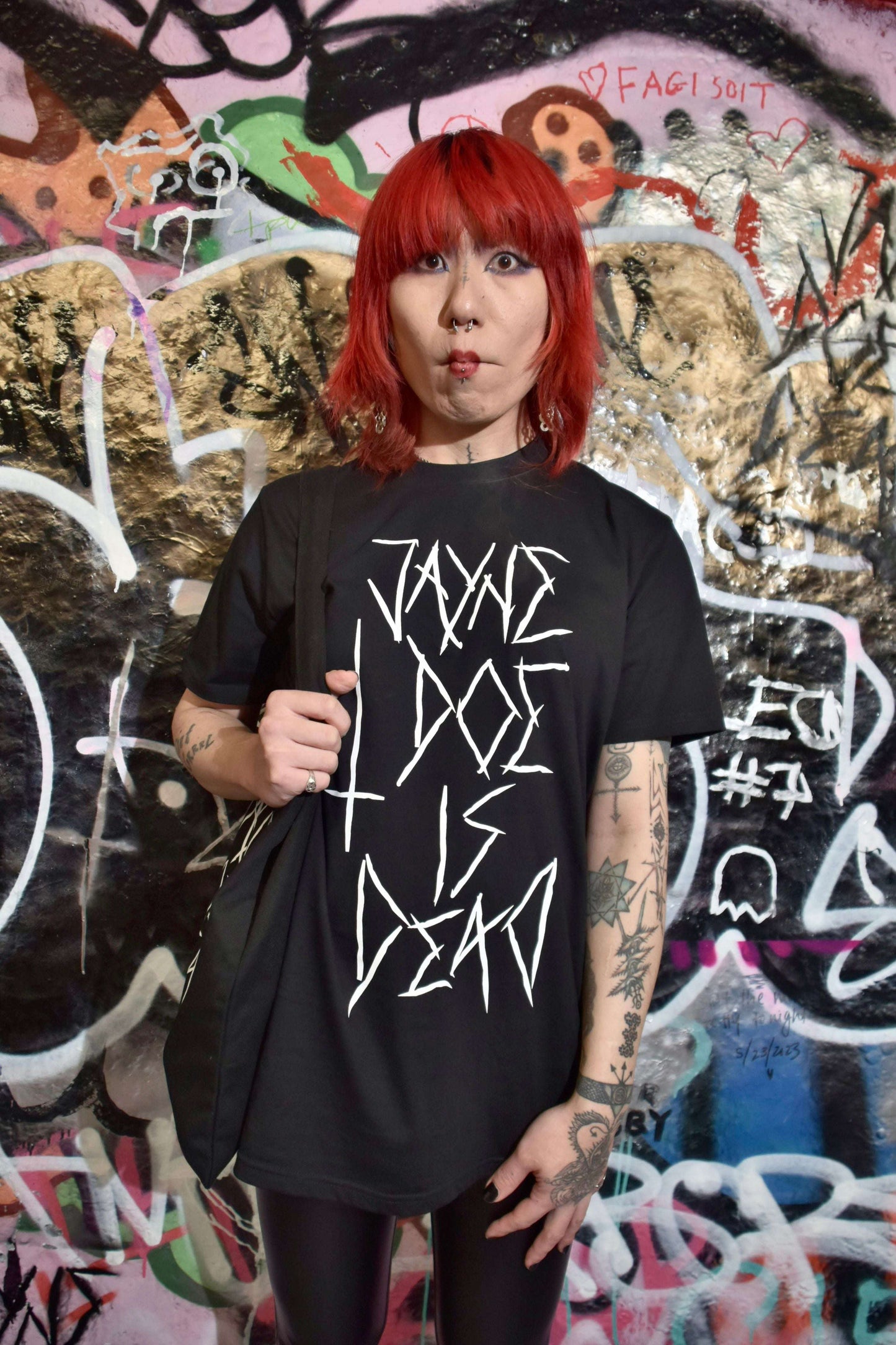 Extra long black tshirt / tshirt dress with massive white jayne doe is dead logo in gothic emo style font on the front