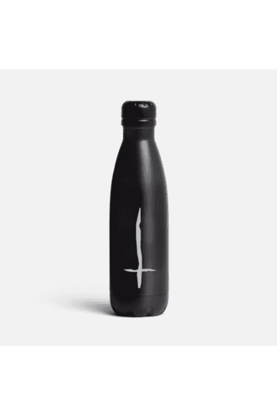Matte black water bottle with silver upside down crossed etched into the side
