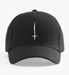 Black cap with white inverted cross symbol printed on the front