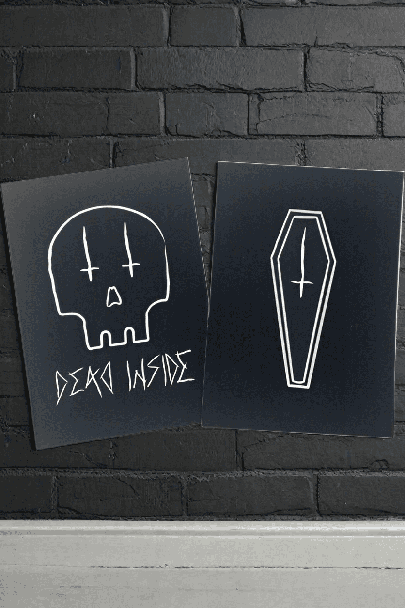 Two sided velvet finish postcards, one skull with words dead inside & one coffin with white prints