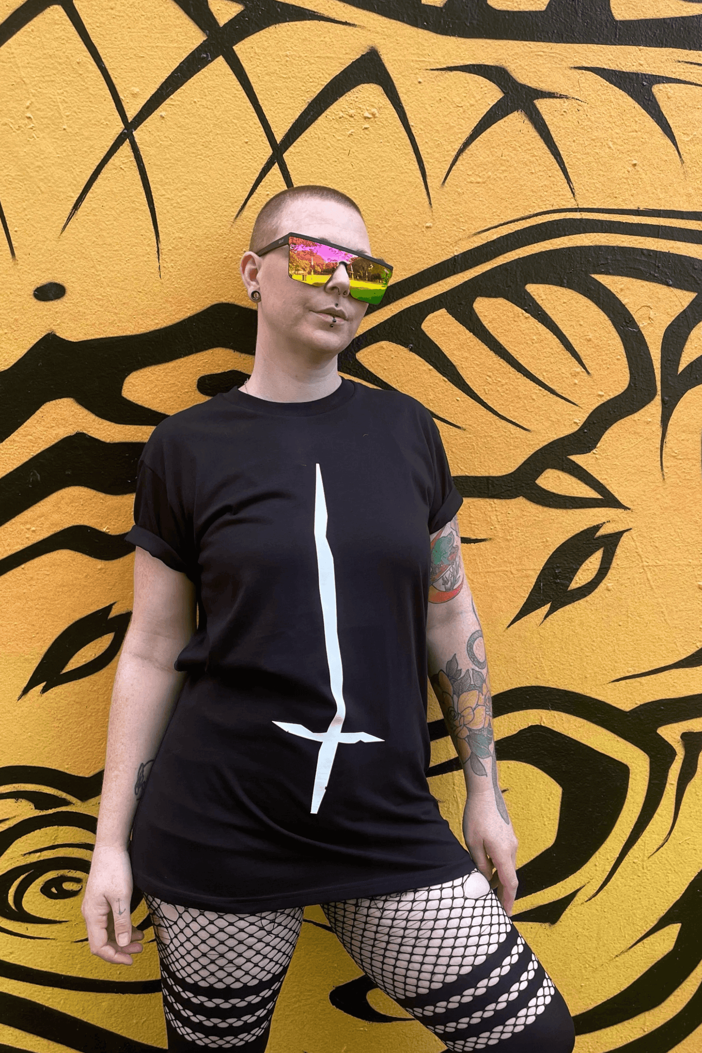 Extra long tshirt / tshirt dress with white upside down cross on the front & jayne doe is dead gothic style rear print in white