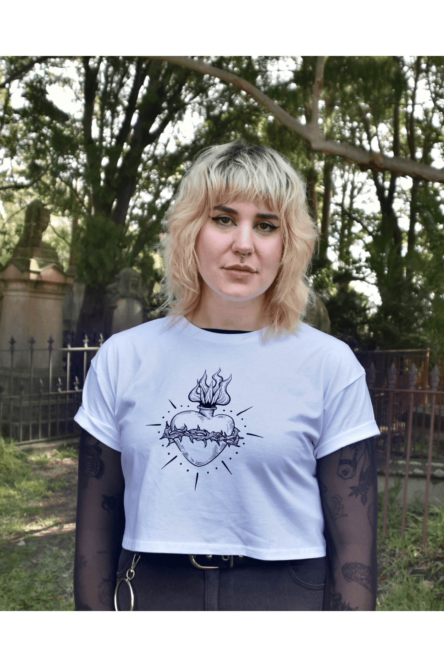 White cropped tshirt with tattoo style gothic sacred heart in black on the front & jayne doe is dead printed on the back.