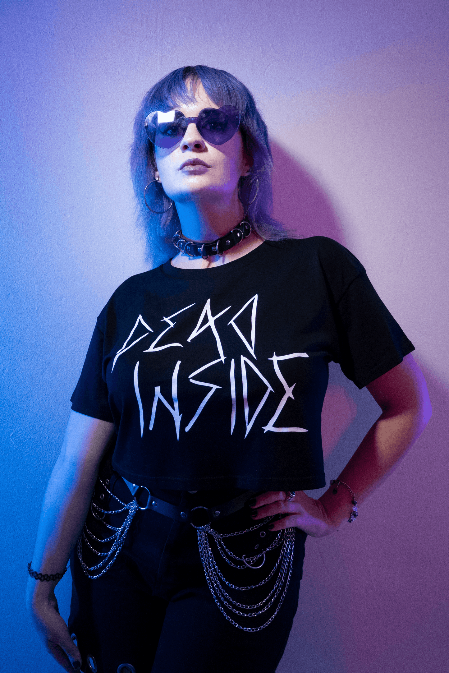 Goth girl wearing a black cropped Tshirt with dead inside printed on the front in white gothic style font