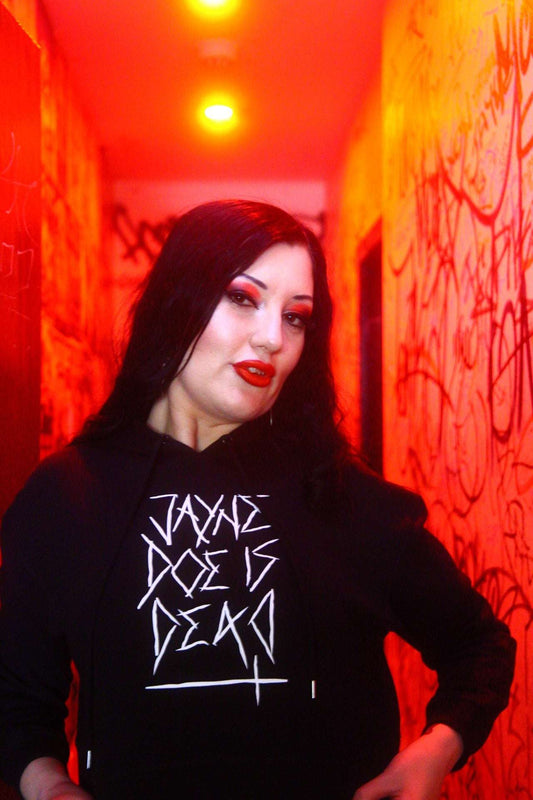 Black cropped hoodie with jayne doe is dead logo printed in white on the front