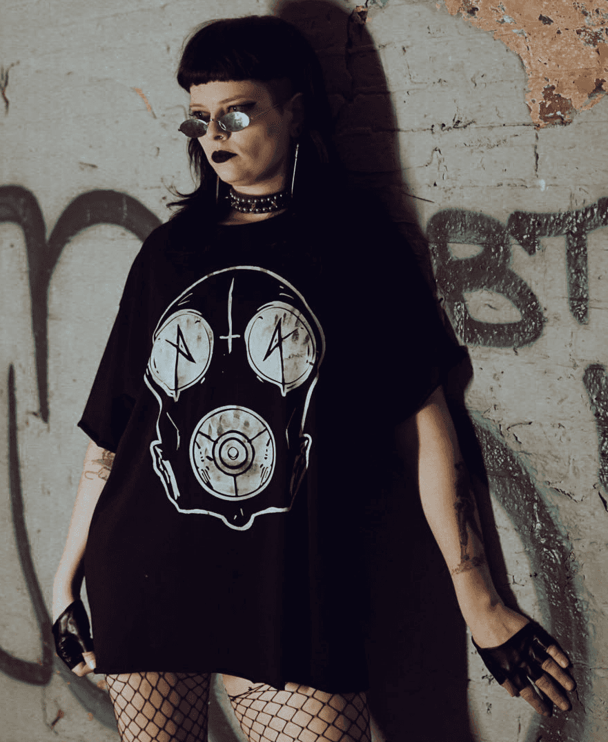 Post apocalyptic style Drone Regular Raw Tee - Desolate, featuring white bold graphic gas mask print against graffiti wall
