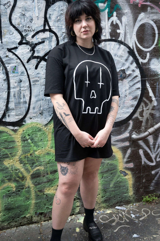 Extra Long Tshirt / Tshirt dress with huge  white skull print with upside down crosses for eyes and jayne doe is dead words on the back