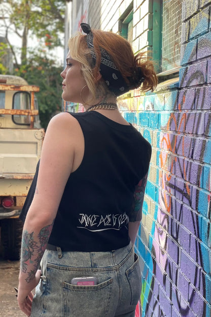 Black cropped tank with raw arm holes with tattoo style gothic sacred heart in white on the front & jayne doe is dead printed on the back.