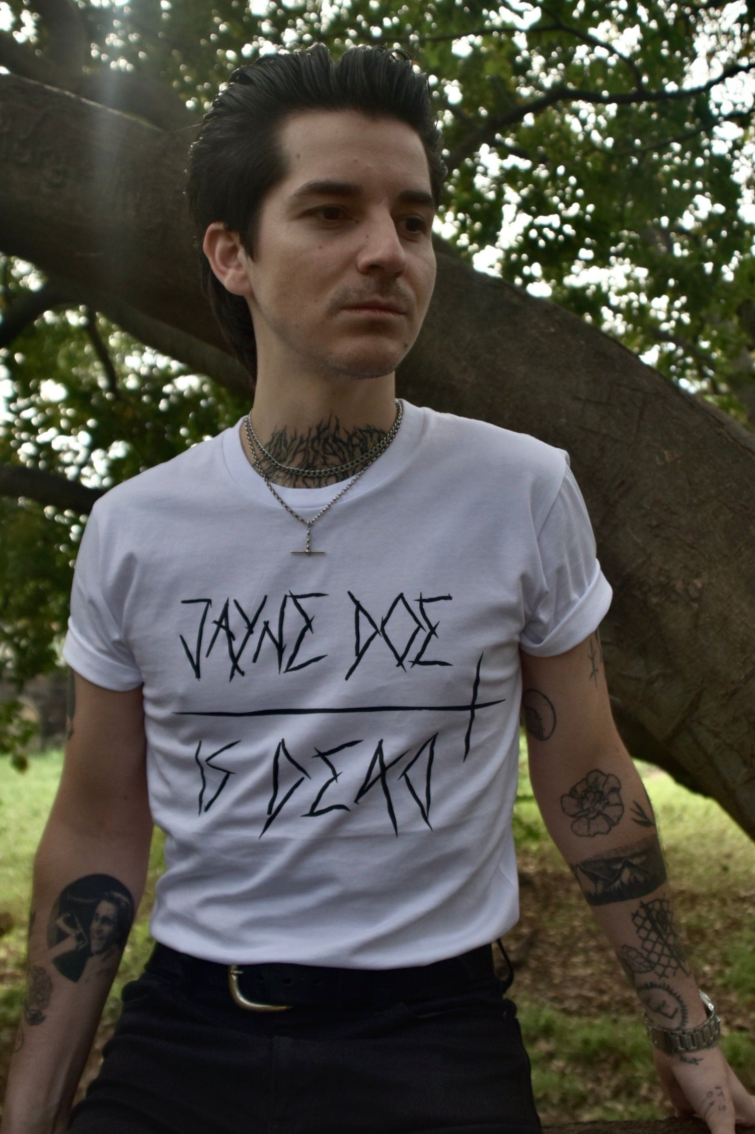 White tshirt with jayne doe is dead printed in black on the front in a gothic / emo style